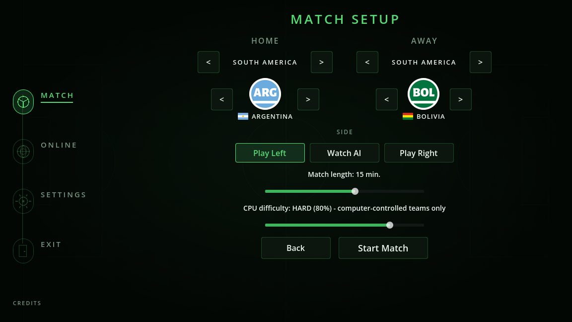 Match setup: choosing Argentina against Bolivia from the South America zone, each with its own crest.