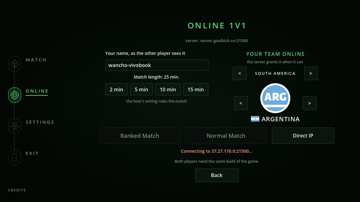 The online 1v1 screen: a name and one button: Random Match.