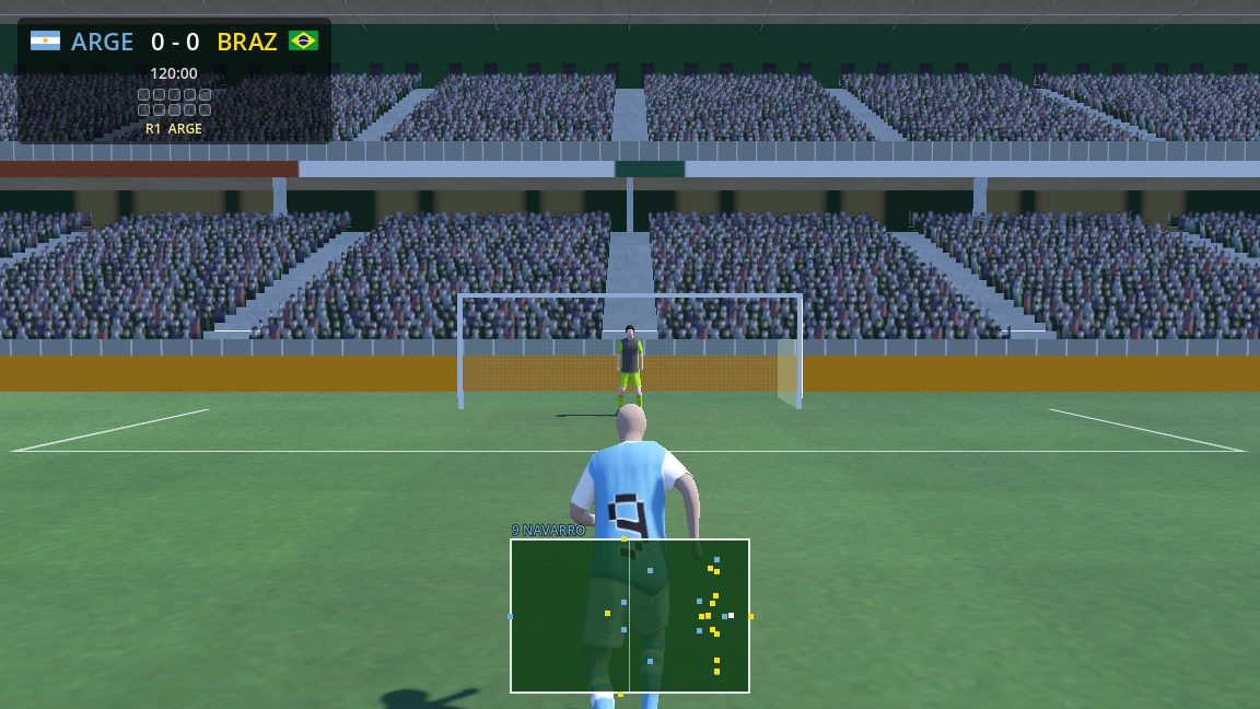 A penalty shootout from behind the kicker, the ball just struck toward goal.